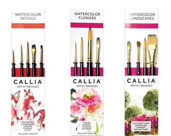 Callia Watercolor Brush Set Trio par Willow Wolfe, Watercolor Details Brush Set, Aquarelle Flowers Brush Set et Landscapes Brush Set