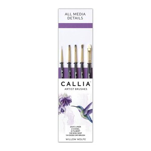 May include: A set of five artist brushes in a package. The brushes have black handles, gold ferrules, and various brush head shapes. The package has the text "ALL MEDIA DETAILS" and "CALLIA ARTIST BRUSHES". The package also features a purple flower and a hummingbird.