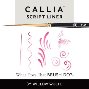 May include: A close-up of a calligraphy brush labeled "CALLIA SCRIPT LINER" with a size of 2/0. The brush is shown with a white background and pink ink strokes demonstrating its capabilities.