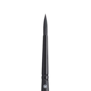 May include: A black watercolor brush with a pointed tip. The brush has a long, black handle with a rounded section near the bristles. The bristles are dark gray and appear to be made of natural fibers. The brush is designed for fine detail work.