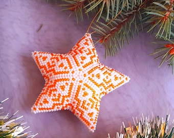 Beaded Christmas Star Ornament: 3D Peyote White & Gold Decor