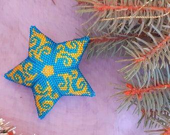 Beaded Christmas Star Ornament, Blue & Gold Peyote, 3D Handmade Decor