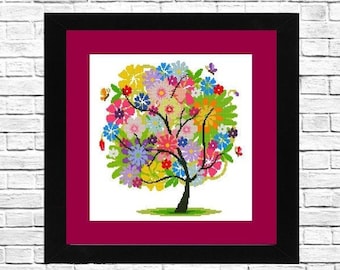 Peut inclure: Un motif de point de croix encadré représentant un arbre coloré avec des fleurs et des papillons. L'arbre est sur un fond blanc et le cadre est noir avec un passe-partout bordeaux.