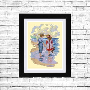 Holding hands,Counted cross stitch Pattern, Modern Embroidery, Hand Embroidery decor, Needlepoint Chart Landscape, Sea vacation, Download.