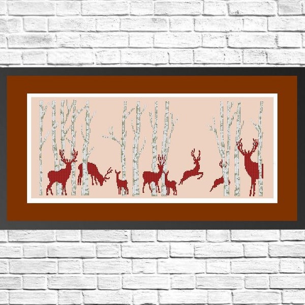Deer in forest pattern, Counted Cross stitch chart, Nature pattern, Animals pattern, Needlepoint Chart, Modern decor, Instant Download, PDF.