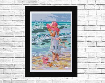 Girl at the Beach, Counted cross stitch Pattern, Modern Embroidery, Hand Embroidery decor,Needlepoint Chart Landscape, Sea vacation pattern