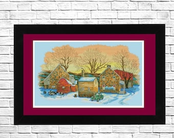 Farm Hamlet pattern, Counted Cross Stitch Pattern, Winter Landscape, Pattern Hand Embroidery, Needlepoint Chart, Modern Digital Pattern.