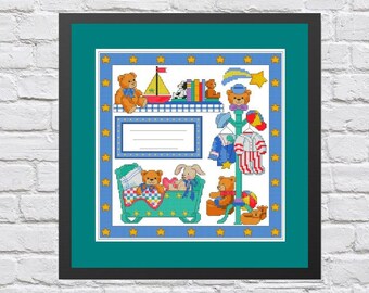 May include: A blue and white cross-stitch pattern with a teddy bear theme. The pattern features a crib with teddy bears, a clothes rack with a teddy bear, and a bookshelf with books and a teddy bear. The pattern is surrounded by a border of yellow stars.
