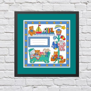 Bears for Baby pattern, Modern cross stitch pattern, pdf birth sampler birth announcement personalized unique baby boy diy gift baby pattern