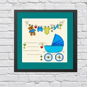 For baby boy pattern, Modern cross stitch pattern, pdf birth sampler, birth announcement, personalized unique baby boy diy gift, Digital.