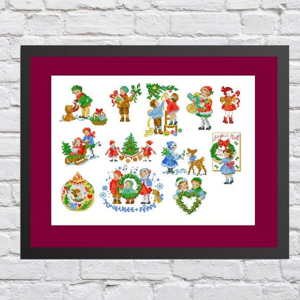 Christmas mini ornaments set #23, Christmas Cross Stitch, Pattern Children Embroidery, Tree Stitching Decor, Needlepoint, Instant Download.