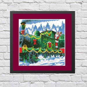 Santa Express pattern, Counted cross stitch, Holiday Wreath Pattern, Modern Embroidery Hand, Embroidery Needlepoint, Chart Landscape.