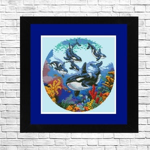 Circle of Whales pattern, Cross Stitch Pattern, PDF fish Pattern, Counted cross stitch Sea Fish Pattern Corals Embroidery Needlepoint Chart.