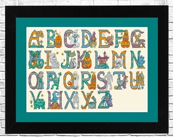 Halloween-Monogramm, Alphabet-Kreuzstich, Muster-Alphabet-Kreuzstichdiagramm, PDF-Halloween-ABC, modernes Kinderdekor, Nadelspitzendiagramm.