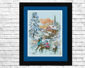 Rivalry Counted Cross Stitch Pattern, PDF Embroidery, Winter Cross Stitch, Winter Landscape, Needlepoint chart, Winter children's activities