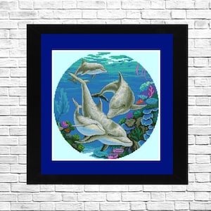 Dancing dolphins pattern, Cross Stitch Pattern, PDF fish Pattern, Counted cross stitch Sea Fish Pattern Corals Embroidery Needlepoint Chart.