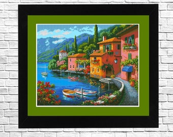 Lakeside Village pattern, Summer Landscape, Counted cross stitch, Pattern Hand Embroidery, Needlepoint Chart, Sea vacation, Modern decor.