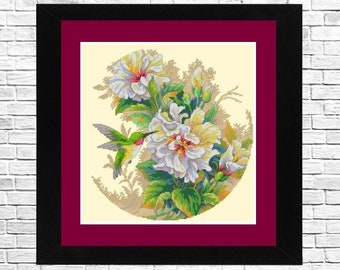 Patrón dúo Hibiscus, Patrón punto de cruz, Patrón bordado a mano, Cuadro de punto de aguja, Punto de cruz contado, Decoración moderna, Patrón flores.
