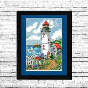 Lighthouse pointe pattern, Cross Stitch Pattern, Summer Landscape Pattern, Hand Embroidery, Needlepoint Chart, Counted cross stitch.