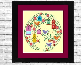 Bird paradise, Cross Stitch Pattern, Instant Download, Counted cross stitch, Bird pattern, Modern decor, Needlepoint chart.
