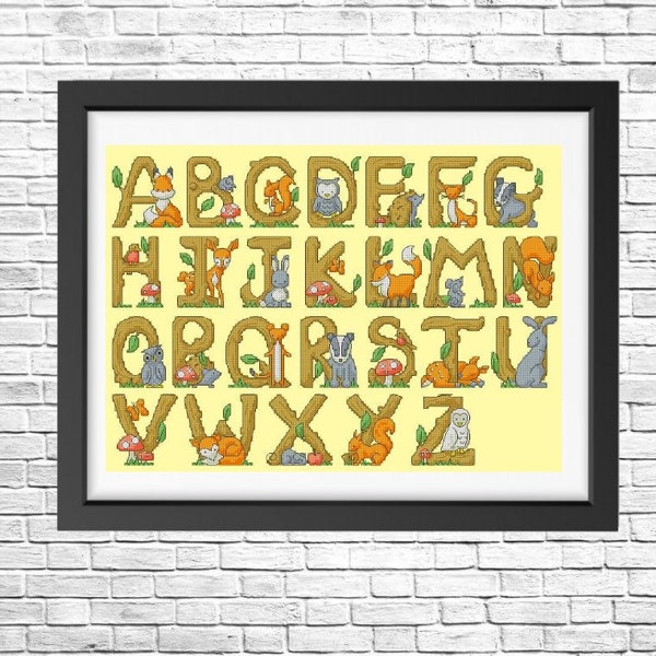 Alphabet Cross Stitch Pattern, Forest animal monogram, Alphabet Cross Stitch Chart, PDF animals ABC, Counted Cross stitch, Children decor.