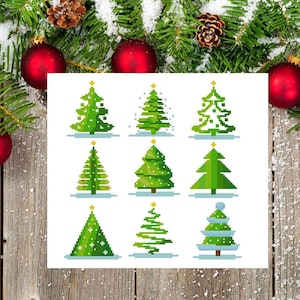 Kerstminiornamentenset #17, kruissteek kerstboom, decoratie boomstiksels, patroonnaaldpunt, modern decor, 9 patronenset.