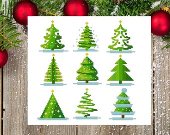 Christmas mini ornaments set #17, Christmas tree Cross Stitch, Tree Stitching Decor, Pattern Needlepoint, Modern Decor, 9 pattern set.