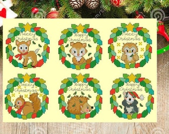 クリスマス ミニ オーナメント #30、クリスマス アニマル セット、カード セット パターン、刺繍ツリー ステッチ、装飾動物刺繍、パターン ニードルポイント
