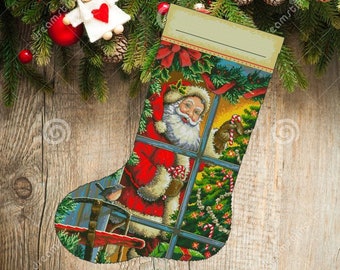May include: Christmas stocking with a festive design featuring Santa Claus looking through a window. The stocking is decorated with holly, a red bow, and a small bird. The background includes pine branches, ornaments, and a wooden surface.