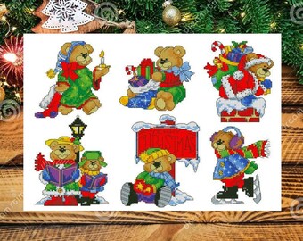 May include: Eight adorable teddy bears dressed in festive Christmas attire. The bears are wearing hats, scarves, and sweaters with Christmas themes. Some bears are holding gifts, while others are holding candles or singing carols. The bears are all smiling and happy, making this a perfect image for a Christmas card or decoration.