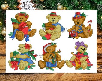 May include: Six brown teddy bears wearing Christmas hats and holding Christmas-themed items. The bears are arranged in two rows of three. The bears are all smiling and have a festive look.