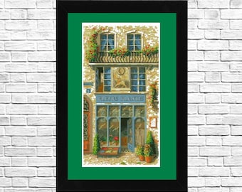 Peut inclure: Une peinture représentant une boutique de fleurs dans une ville européenne. La boutique a une enseigne qui dit "FLEURS PLANTEES" et une vitrine de fleurs. Le bâtiment est peint dans des tons de jaune et de brun, avec un auvent vert au-dessus de la porte de la boutique.