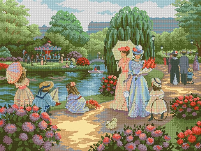 Summer Landscape Pattern Needlepoint Chart Cross stitch Pattern Nature pattern. A stroll in the park Counted Cross stitch chart