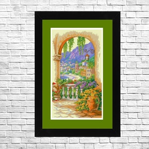 Terrace Arch, Cross Stitch Pattern, Summer Landscape, Pattern Hand Embroidery, Needlepoint Chart, Counted cross stitch, Flowers pattern.