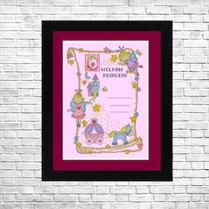 Schema di benvenuto principessa, campione di nascita in pdf, schema punto croce per bambini, punto croce moderno, regalo fai da te unico e personalizzato per bambina.