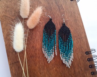Green & Black Beaded Fringe Earrings, Long Dangle Earrings
