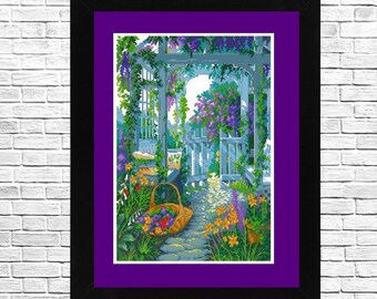 Peut inclure: Une broderie encadrée représentant une scène de jardin avec un portail en bois bleu, une tonnelle recouverte de fleurs violettes et un panier de fleurs sur un chemin de pierre.