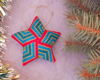3D Peyote Beaded Christmas Star Ornament, Handmade Glass Beading