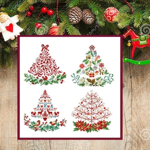 Mini-ornamenten kerstboomset, kerstboom kruissteek, decoratie boomstiksels, patroonborduurpunt, modern decor, 4 patronenset