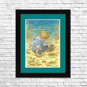 Boy with horseshoe crab, Nature Cross Stitch, Modern Decor, Hand Embroidery, Sea vacation pattern, Needlepoint Chart, Summer cross stitch.