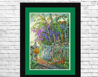 Peut inclure: Une peinture représentant une scène de jardin avec une porte en bois bleue, un nichoir à oiseaux et un chemin menant à la porte. Le jardin est rempli de feuillage vert luxuriant et de fleurs violettes.