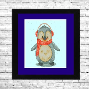 Funny penguin, Cross Stitch Pattern, PDF Instant Download, Animal Cross Stitch Winter Landscape Modern Decor Digital Pattern Hand Embroidery