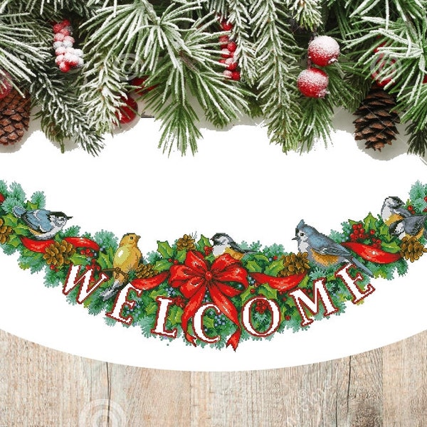 Holiday Welcome Tree Skirt, Christmas Tree Skirt, Holiday Counted Cross Stitch, Winter Embroidery, Hand Embroidery Chart, Needlepoint Chart.