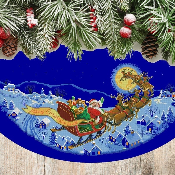Here Comes Santa Tree,  Christmas Tree Skirt, Holiday Counted Cross Stitch, Winter Embroidery, Hand Embroidery Chart, Needlepoint Chart.