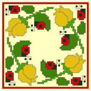 Yellow tulips Biscornu, Cross Stitch Pattern, Counted cross stitch, Modern Embroidery, Hand Embroidery, Needlepoint Chart, PDF biscornu.