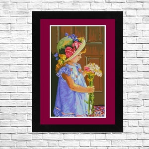 Mi pequeño sol, patrón de punto de cruz, bordado moderno a mano, gráfico de punto de aguja, punto de cruz contado, niña con flores, digital