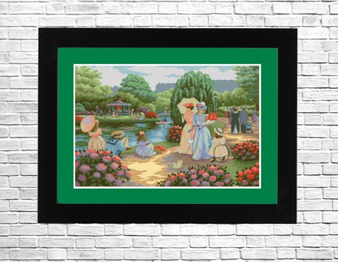 A stroll in the park cross stitch pattern needlepoint chart
