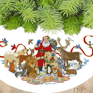 Falda de árbol de vida silvestre de Papá Noel, Falda de árbol de Navidad, Punto de cruz contado festivo, Bordado de invierno, Gráfico de bordado a mano, Gráfico de bordado.