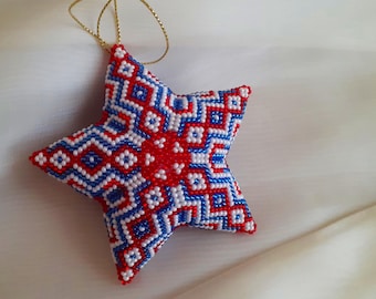 Handmade Beaded Christmas Star Ornament, Red Blue 3D Decor