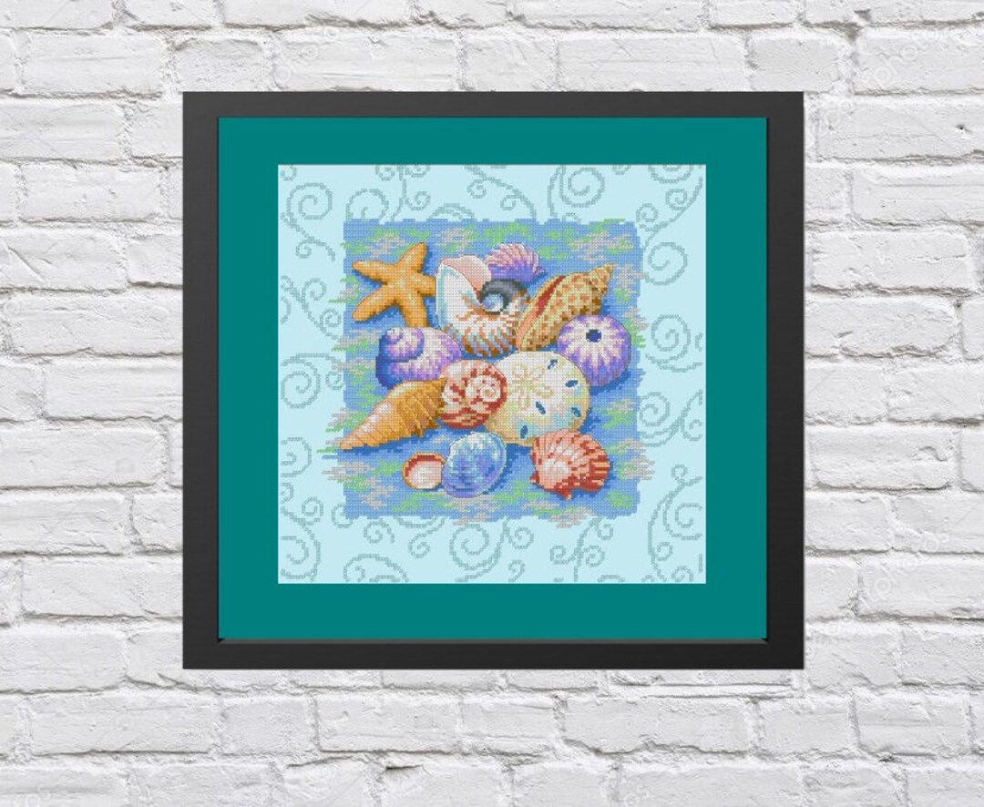 Shells on Blue, Cross Stitch Pattern, Seashells Pattern, Summer ...